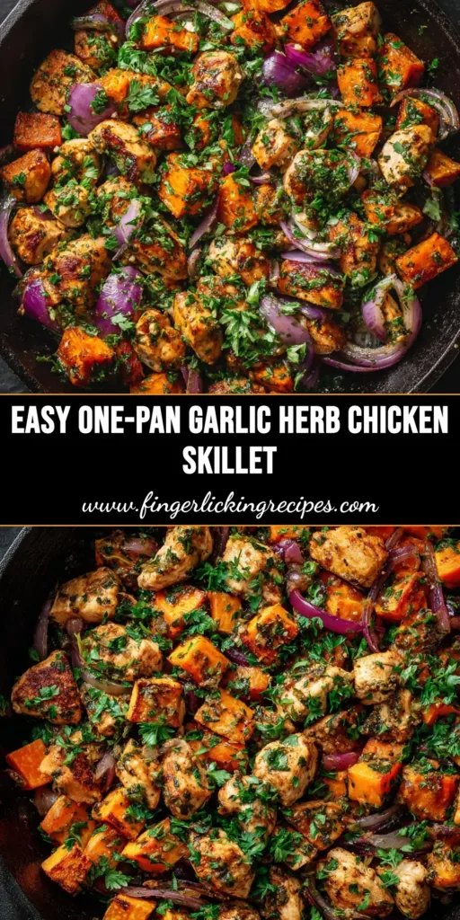 A delicious One-Pan Garlic Herb Chicken dinner on a rustic baking sheet, surrounded by roasted potatoes and broccoli. The perfect easy weeknight meal.