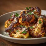 An extreme close-up shot of oven-roasted cauliflower florets, highlighting their golden-brown color and crispy texture.