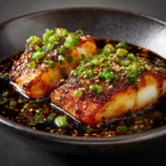 A close-up shot of pan-seared cod fillets in a skillet, sizzling in a savory ginger soy sauce. The fish has a perfectly crispy, golden-brown crust.