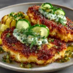 Two pieces of perfectly cooked parmesan crusted chicken resting on a wooden cutting board next to a small bowl of dill pickles. A key step in the Dill Pickle Parmesan Chicken recipe.