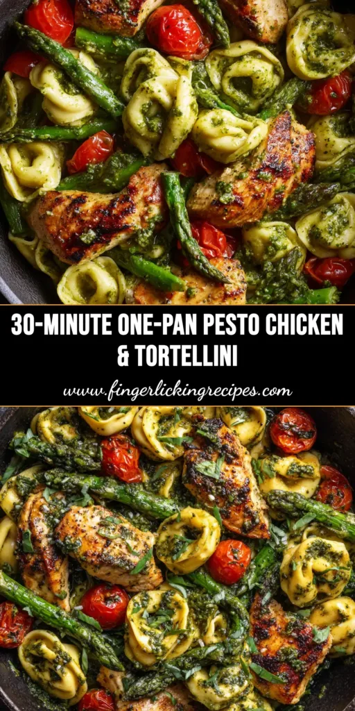 A top-down shot of a white bowl filled with pesto chicken tortellini, garnished with fresh basil and parmesan cheese. A fork rests on the side.