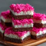 A close-up shot of a single pink coconut cake bar, highlighting the soft texture of the cake and the fluffy marshmallow frosting.