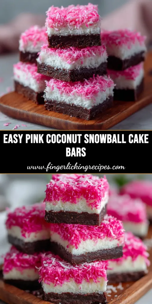 A platter of perfectly cut Pink Coconut Snowball Cake Bars, showing the fluffy pink cake, white marshmallow frosting, and generous coconut coating.