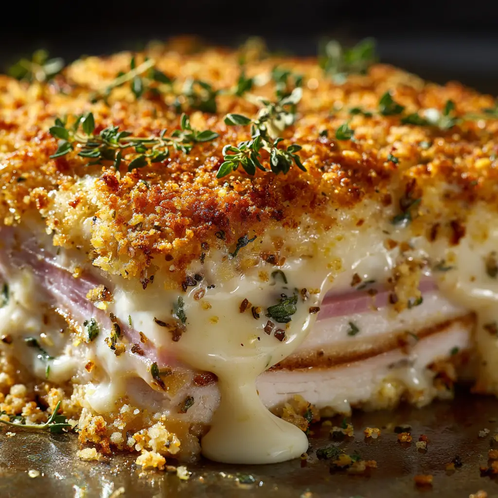 A scoop of the finished chicken and ham casserole on a white plate, showing the melted Swiss cheese and creamy sauce. Paired with a side of steamed asparagus.