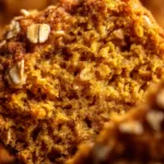 An extreme macro shot showing the moist and tender crumb of a pumpkin oatmeal muffin. The texture is light, airy, and filled with wholesome oats.