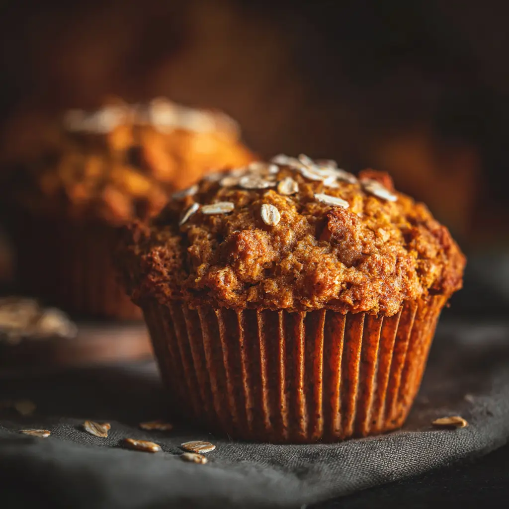 Several pumpkin protein muffins cooling on a wire rack, with autumn-themed decorations like a small pumpkin and cinnamon sticks in the background.