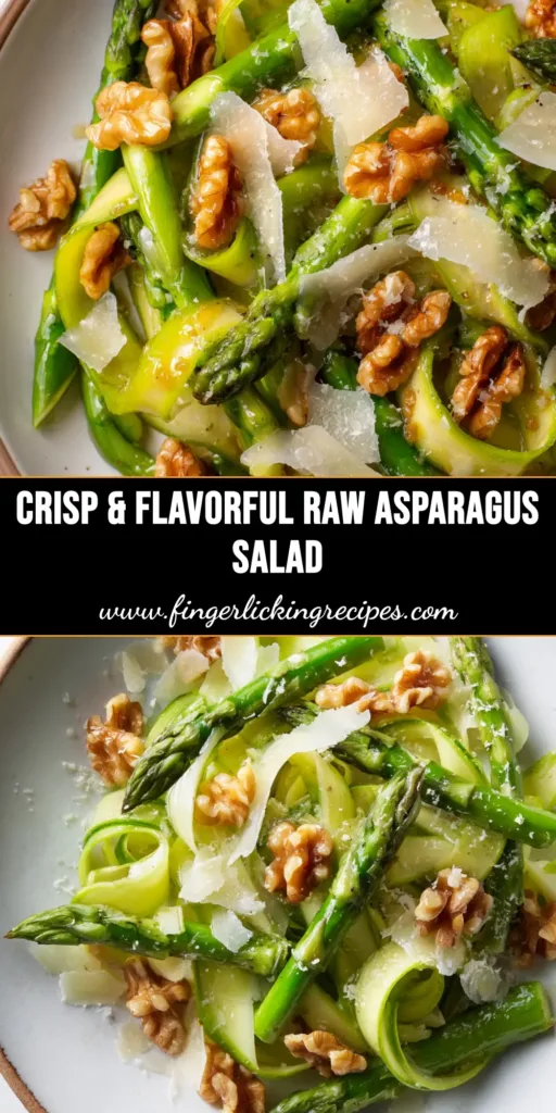 A bright and vibrant Raw Asparagus Salad with shaved asparagus ribbons, Parmesan, and walnuts in a white bowl, ready to be served.
