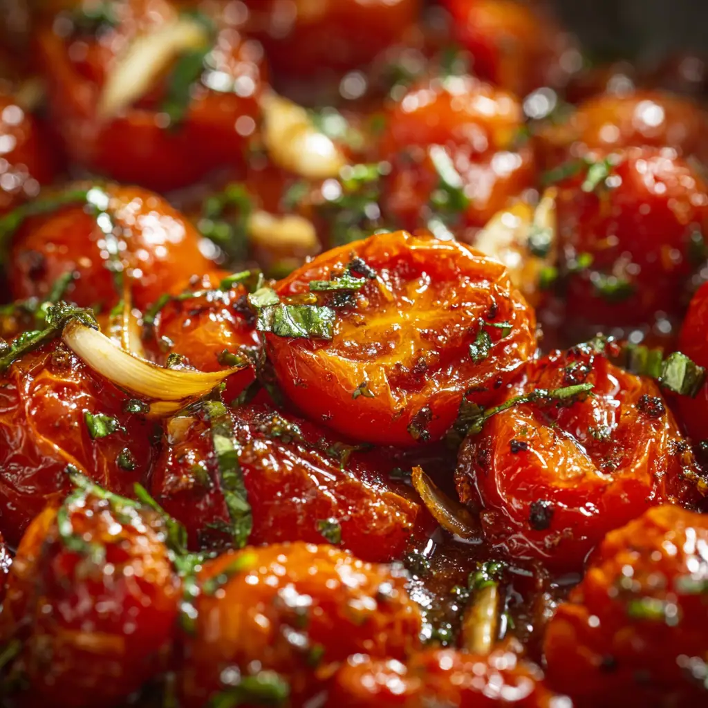 Cherry tomatoes, garlic, and herbs tossed in olive oil on a baking sheet, ready to be roasted for the homemade tomato sauce recipe.