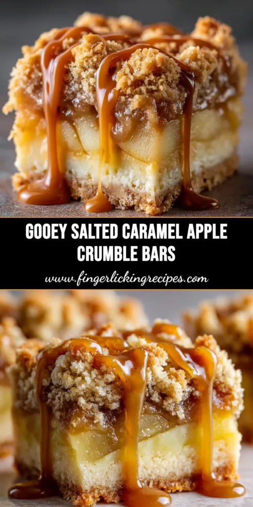 A stack of salted caramel apple crumble bars on a plate, with a gooey caramel drizzle and a crumble topping. The perfect easy apple dessert recipe.