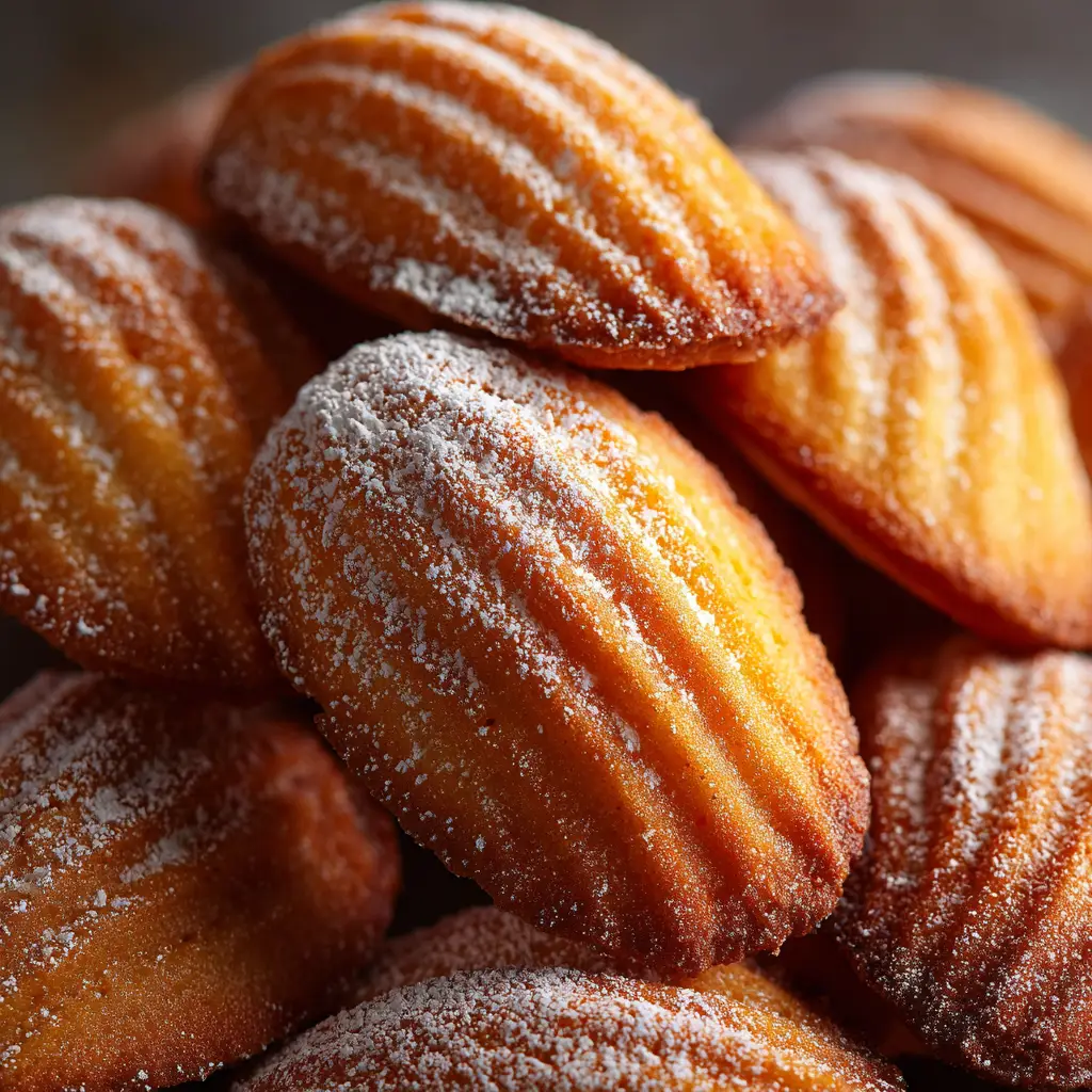 A stack of homemade madeleines next to a cup of tea, illustrating how to serve these classic French cookies. The recipe includes tips for getting the perfect hump.