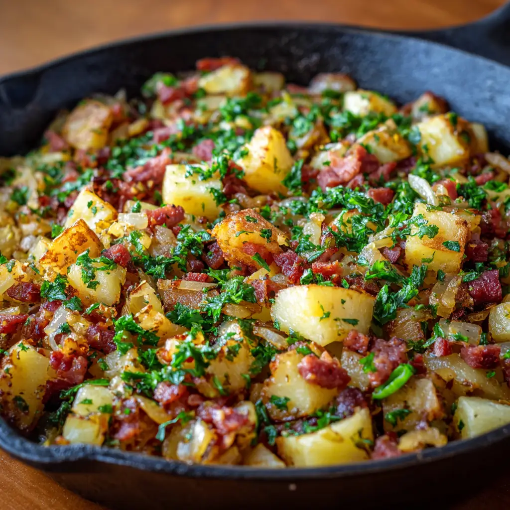 A spoonful of savory corned beef hash being lifted from a skillet, with a runny egg yolk in the background.