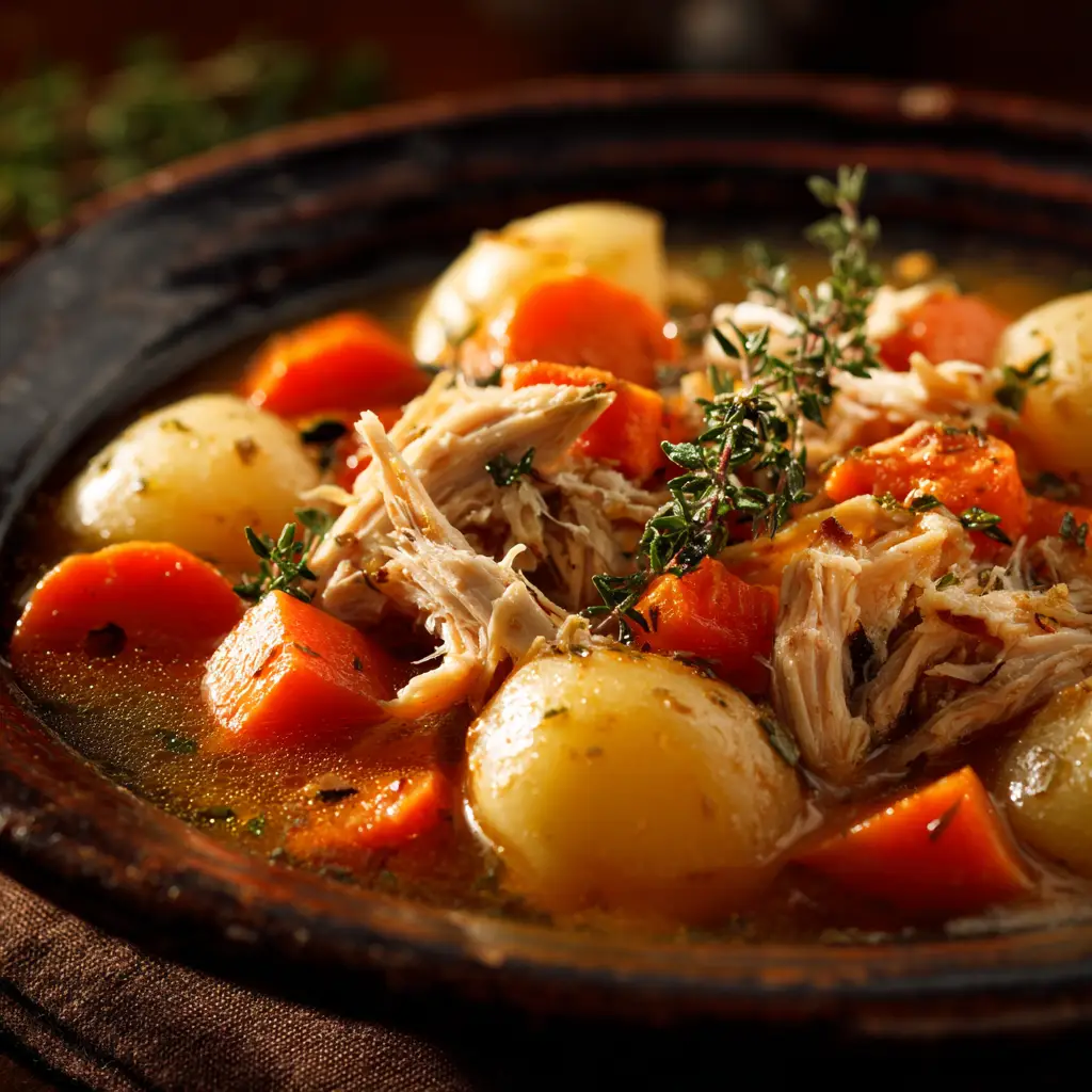 A close-up of the crockpot chicken and vegetables being served, showing the savory herb sauce coating the tender chicken and colorful veggies.