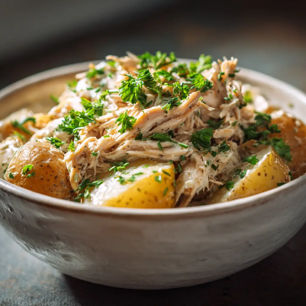 A spoonful of crockpot ranch chicken and potatoes being lifted from a bowl, highlighting the tender potatoes and creamy sauce coating the chicken.