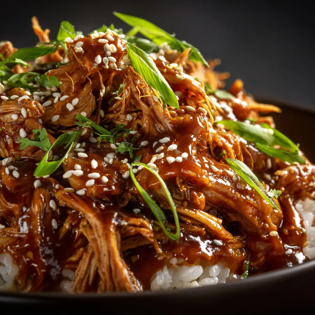 Crockpot Teriyaki Chicken (Easy & Better-Than-Takeout!) 2 A spoonful of crockpot teriyaki chicken being lifted from a bowl, served over fluffy white rice. Shows the perfect bite of this easy chicken dinner.
