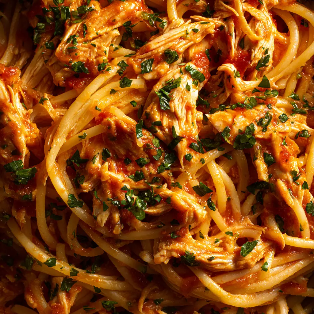 A fork twirling the one-pan pasta, showing the tender chicken and wilted spinach in the tomato cream sauce.