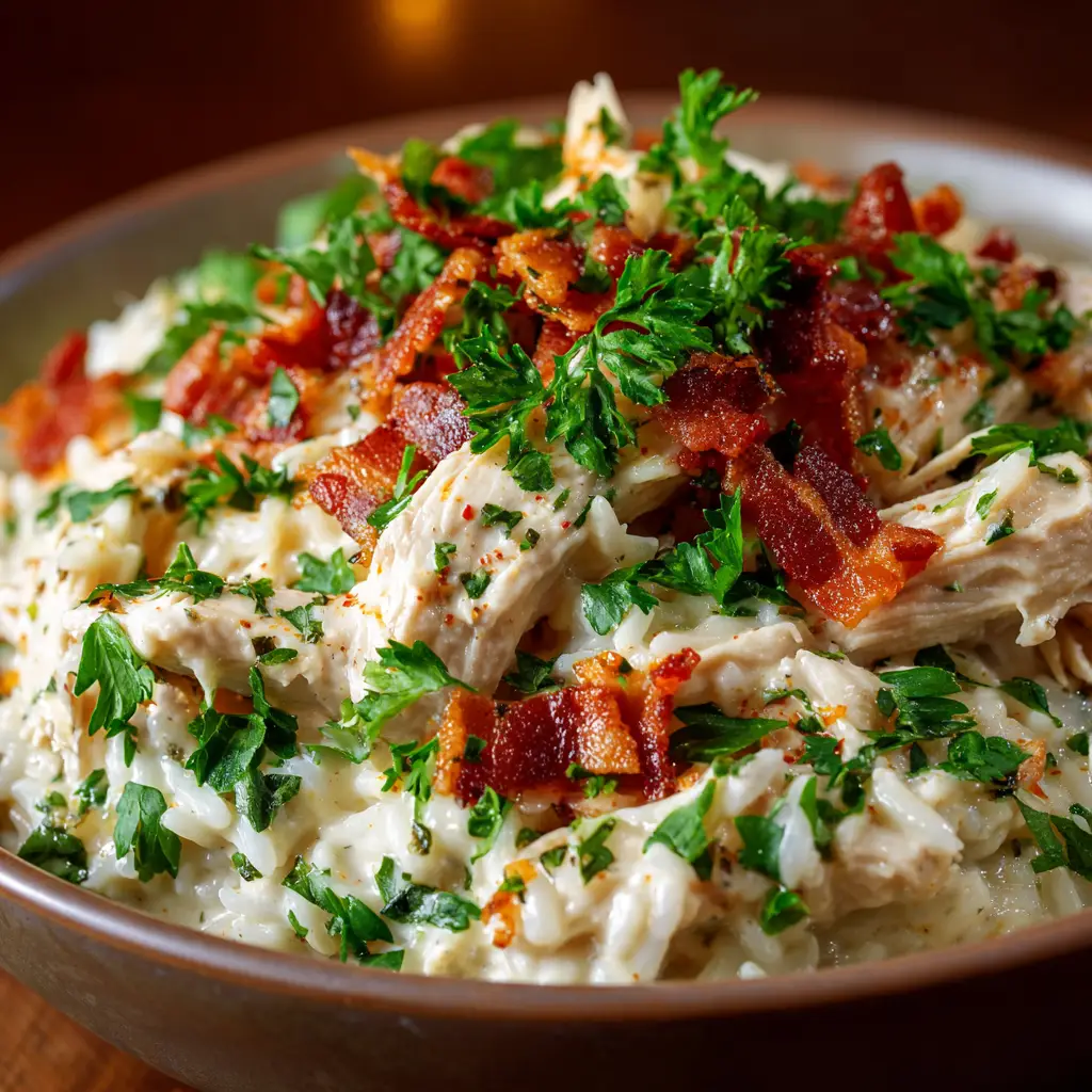 A spoonful of slow cooker chicken and rice being lifted from a bowl, garnished with fresh herbs.