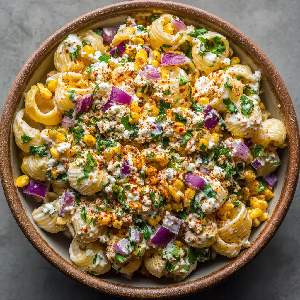 Mexican Street Corn Pasta Salad (Easy & Creamy) 2 A spoonful of Mexican street corn pasta salad being lifted from a bowl, showcasing the spirals of rotini pasta coated in the zesty lime dressing.