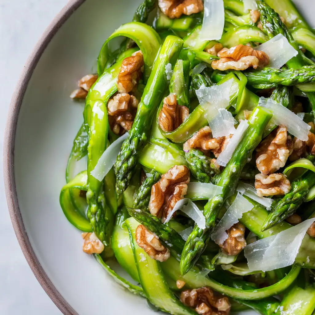 A step-by-step image showing asparagus stalks being shaved into thin ribbons with a vegetable peeler.