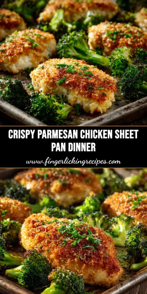 A delicious sheet pan parmesan crusted chicken recipe with roasted broccoli and tomatoes. The chicken is golden brown and crispy, ready to be served for an easy weeknight dinner.