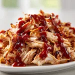 An extreme close-up shot of shredded crockpot BBQ chicken, showing the tender texture of the meat and the glossy BBQ sauce.