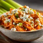 A close-up shot of shredded crockpot buffalo chicken in a white bowl, showing the tender texture of the meat and the rich, creamy sauce.