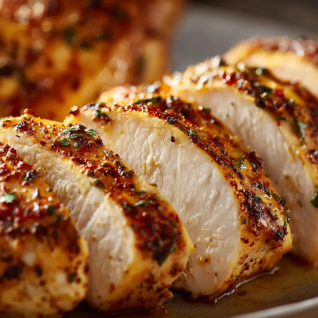 A detailed close-up of the cooked slow cooker chicken breast being shredded with two forks, showcasing its tender and moist texture.