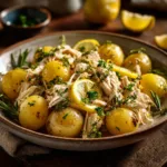 Juicy, shredded lemon herb chicken fresh out of the slow cooker, glistening with sauce and garnished with parsley.