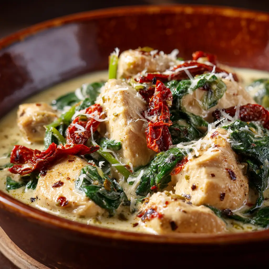 A spoonful of tender, shredded Tuscan chicken being lifted from a slow cooker, coated in a creamy white sauce.
