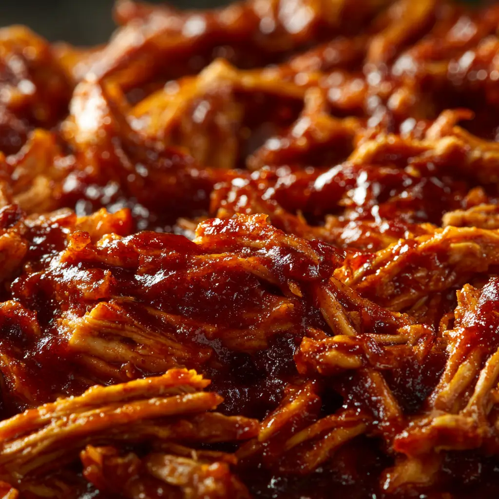 A detailed shot of the BBQ pulled chicken being shredded with two forks, demonstrating how easily the meat falls apart after slow cooking.