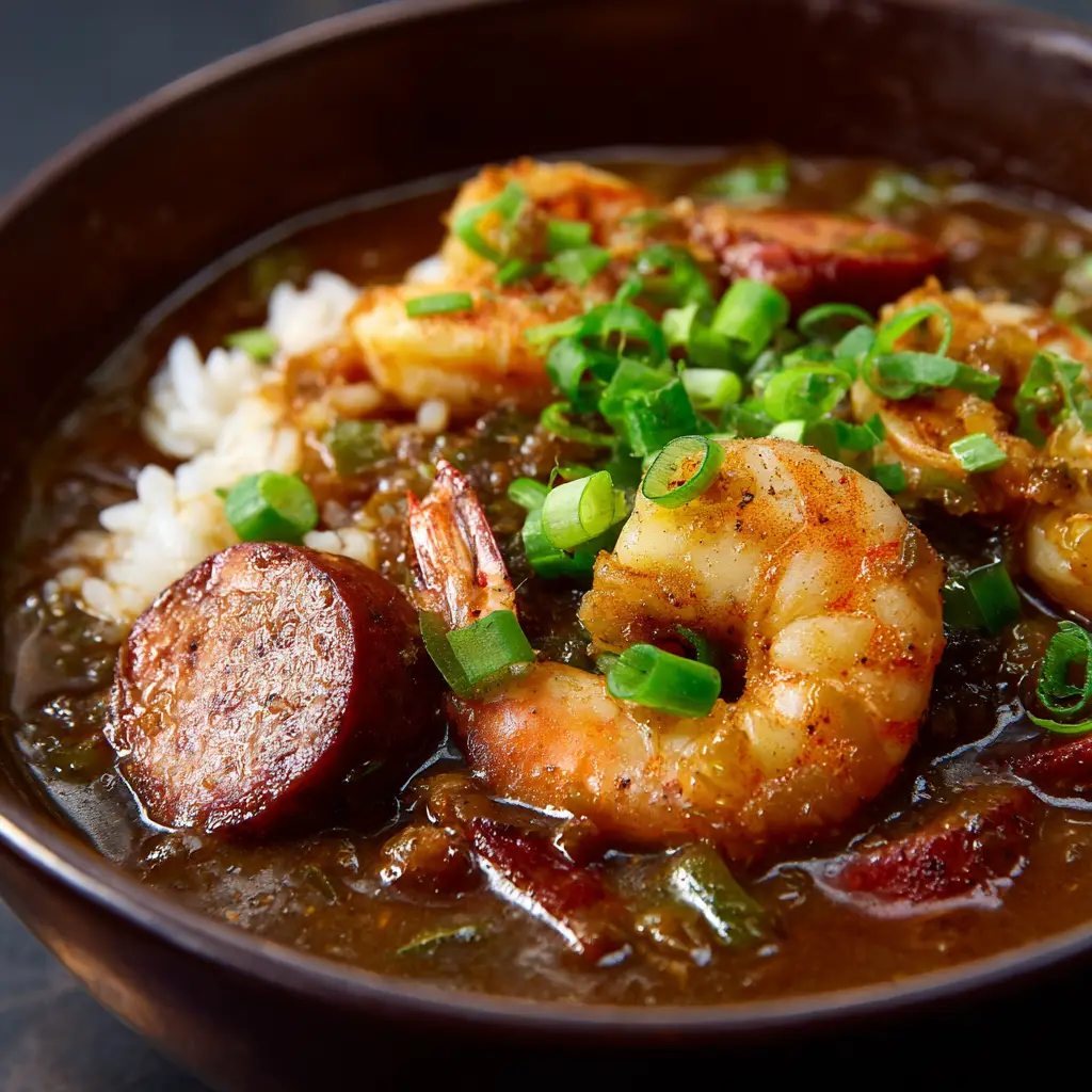 A spoonful of delicious Shrimp and Sausage Gumbo being lifted from a bowl, showcasing the tender shrimp, sausage, and holy trinity vegetables.