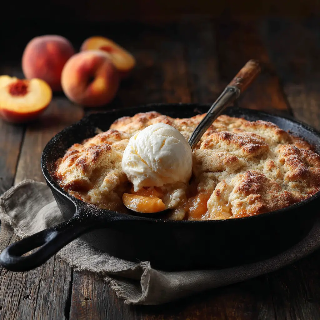A serving of warm peach cobbler on a plate, ready to be enjoyed. The perfect example of a simple peach cobbler dessert.