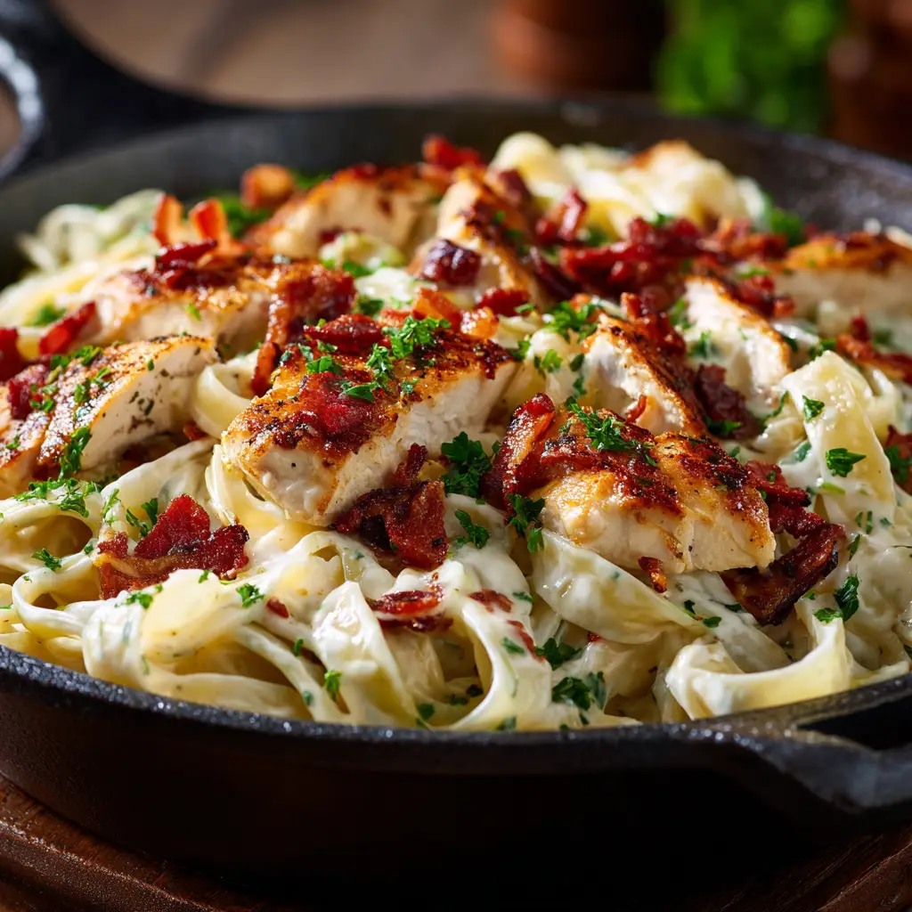 A skillet filled with the finished chicken bacon ranch pasta, ready to be served for a family dinner.