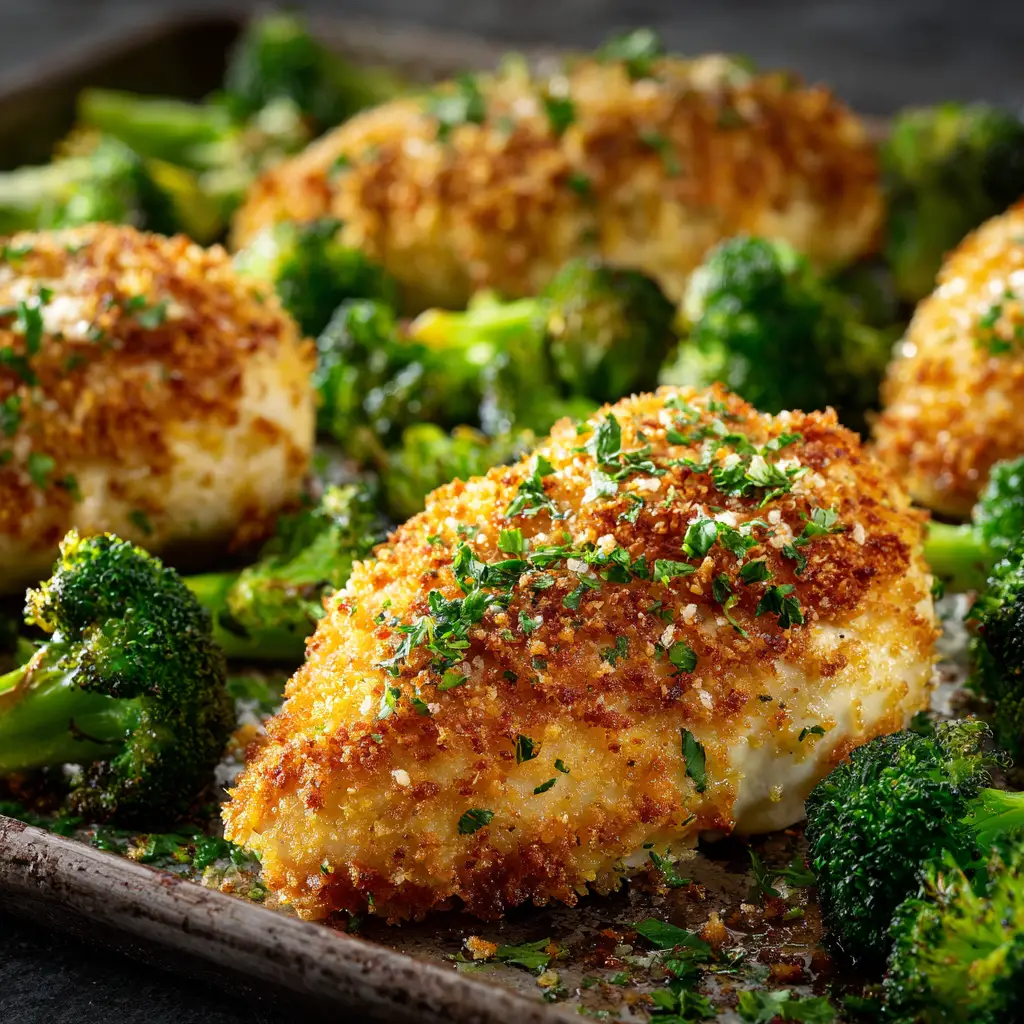 A piece of parmesan crusted chicken being sliced to show the juicy, tender interior against the crispy exterior crust.