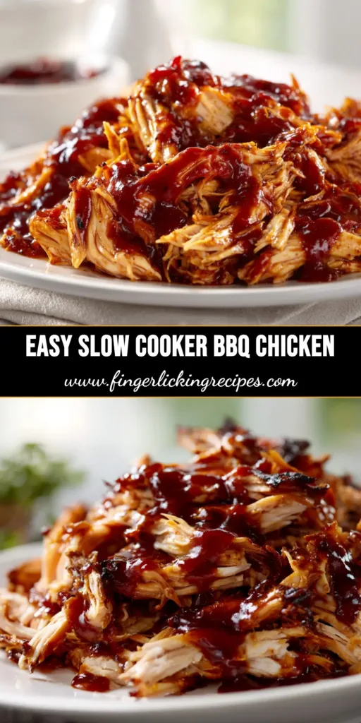 A heaping pile of juicy Slow Cooker BBQ Chicken ready to be served on sandwiches. The shredded chicken is coated in a rich, dark BBQ sauce.