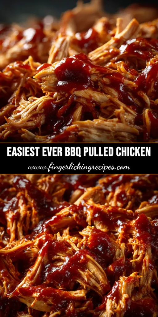 An overhead shot of delicious slow cooker BBQ pulled chicken in a bowl, ready to be served on sandwiches. The chicken is perfectly shredded and coated in a rich, dark BBQ sauce.