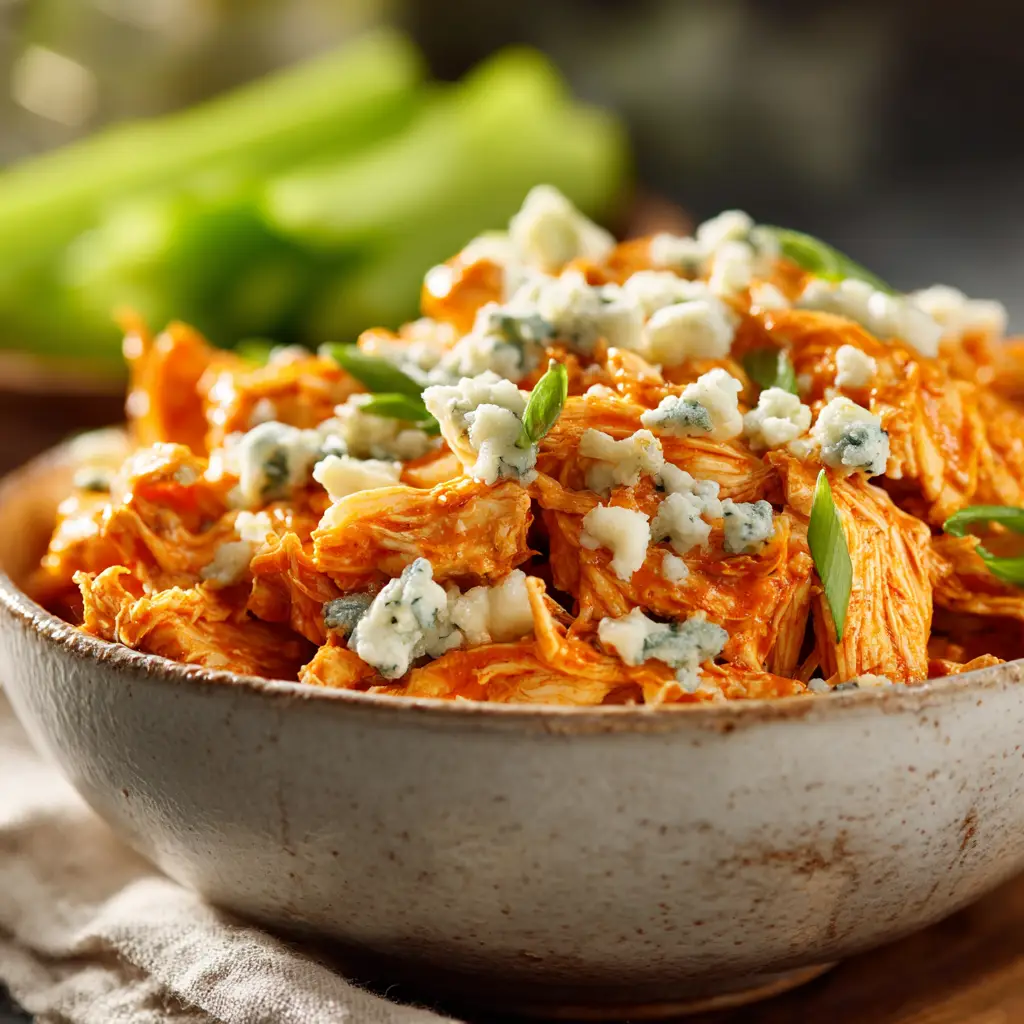 Another perspective on the finished slow cooker buffalo chicken, served in a rustic bowl to emphasize its homemade quality and deliciousness.