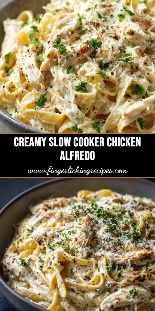 A large white bowl of creamy slow cooker chicken alfredo with fettuccine, garnished with fresh parsley. The perfect easy weeknight dinner recipe.