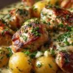 A close-up view of tender, juicy slow cooker chicken and potatoes in a savory sauce. The chicken is perfectly cooked and the potatoes are soft.
