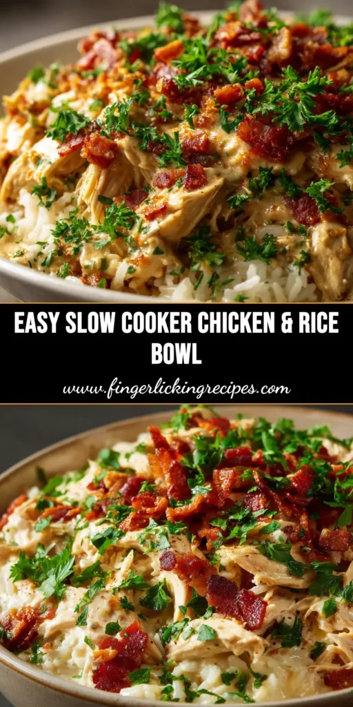 A top-down view of a white bowl filled with creamy slow cooker chicken and rice, garnished with fresh parsley. The perfect easy weeknight dinner.
