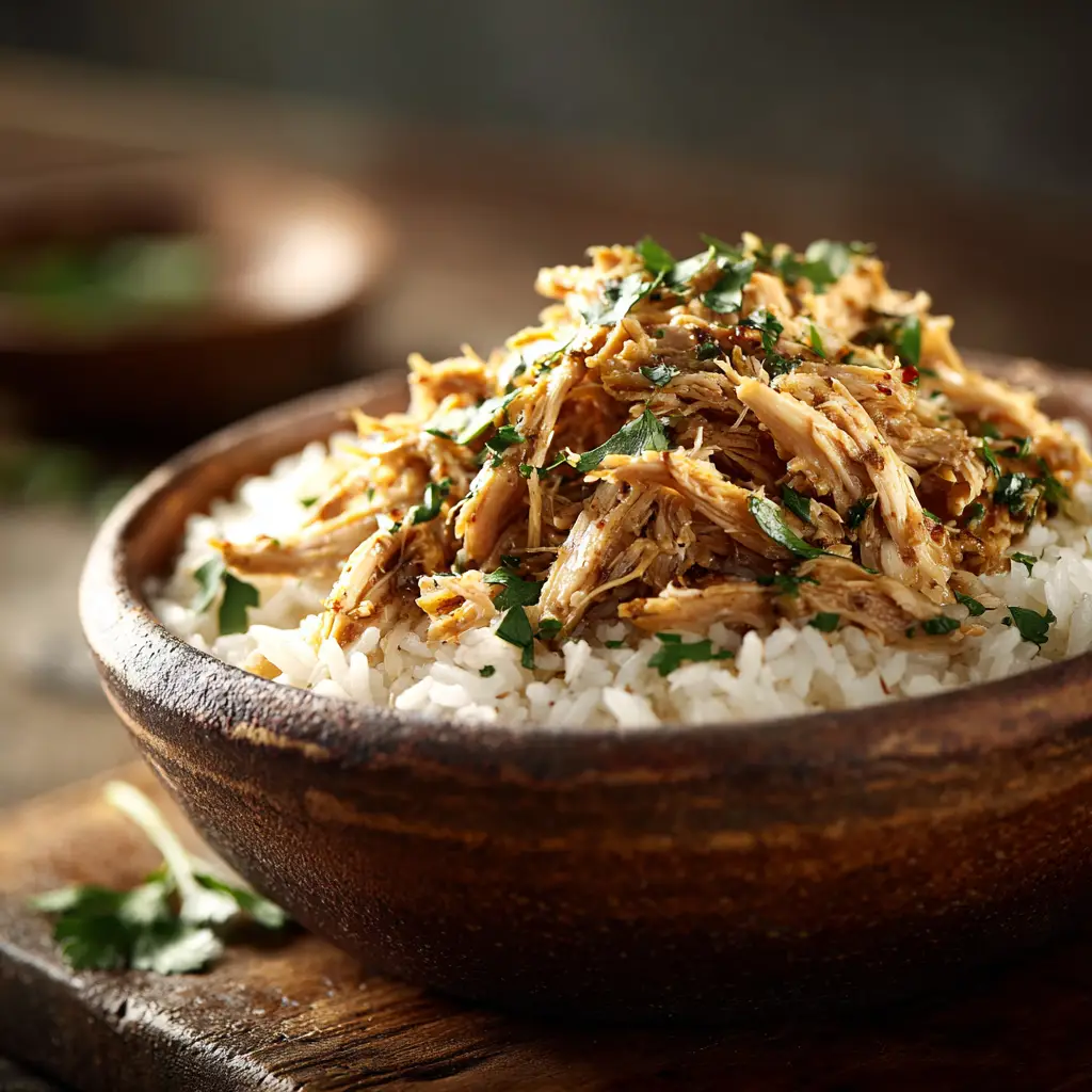 Shredded lemon herb chicken being stirred back into the slow cooker with rice and vegetables, showcasing the final step of the balanced meal.