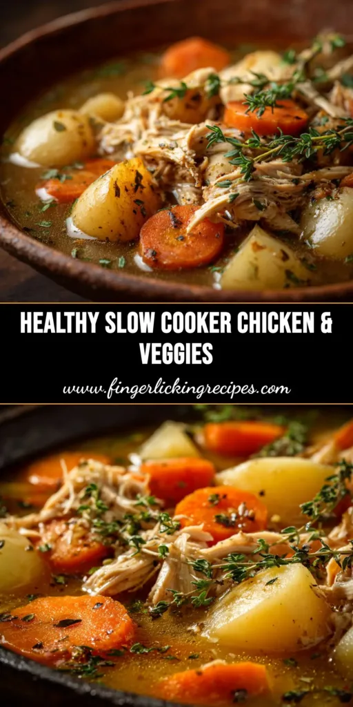 A vibrant and healthy slow cooker chicken and vegetables meal served in a rustic bowl, showcasing tender chicken, carrots, broccoli, and potatoes in a savory sauce.