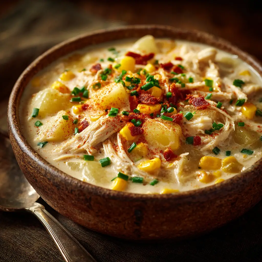 A detailed shot of the ingredients in a slow cooker before cooking the easy chicken corn chowder, including chicken, potatoes, and corn.