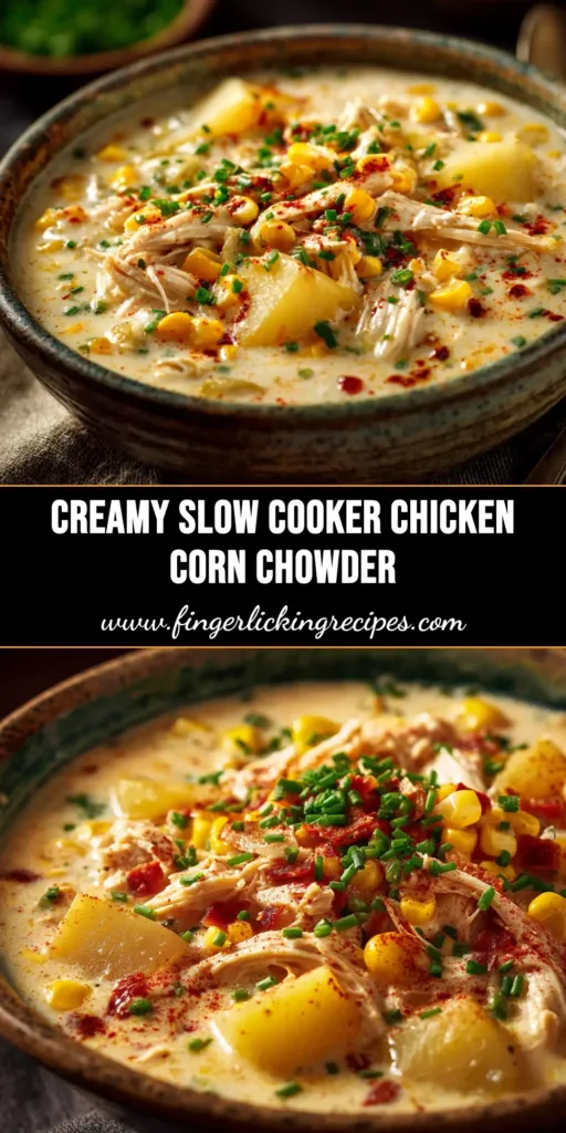 An overhead shot of a white bowl filled with creamy Slow Cooker Chicken Corn Chowder, garnished with bacon and chives. The perfect easy weeknight dinner recipe.