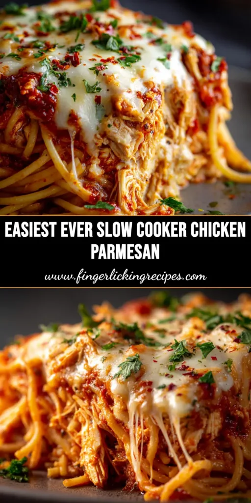 A delicious serving of Slow Cooker Chicken Parmesan on a plate with pasta, topped with melted mozzarella and toasted breadcrumbs.
