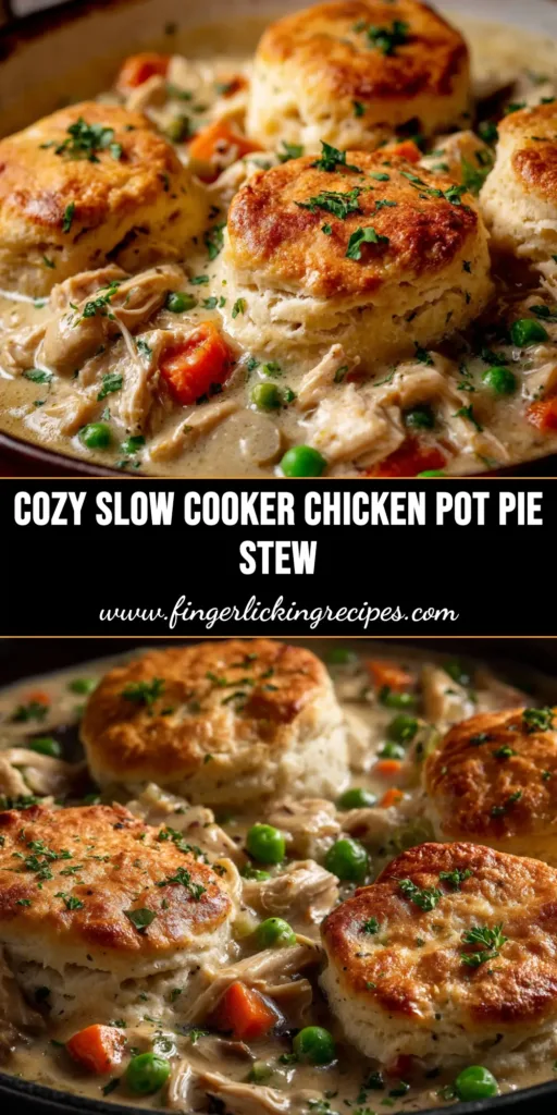 A bowl of creamy Slow Cooker Chicken Pot Pie Stew, garnished with fresh parsley and served with a golden biscuit on the side. The perfect cozy and easy crockpot dinner.