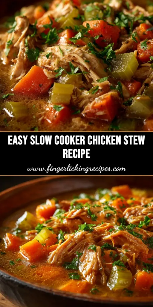 A beautiful overhead shot of hearty slow cooker chicken stew in a white bowl, garnished with fresh parsley. The perfect easy and comforting dinner recipe.