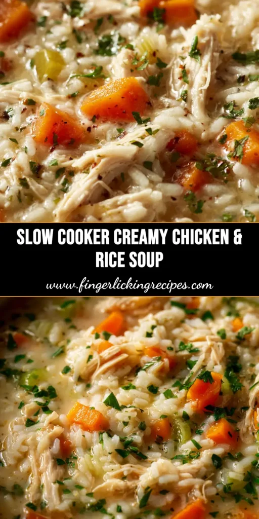 A cozy bowl of slow cooker creamy chicken and rice soup, garnished with fresh parsley. The soup is thick and hearty, perfect for a comforting meal.