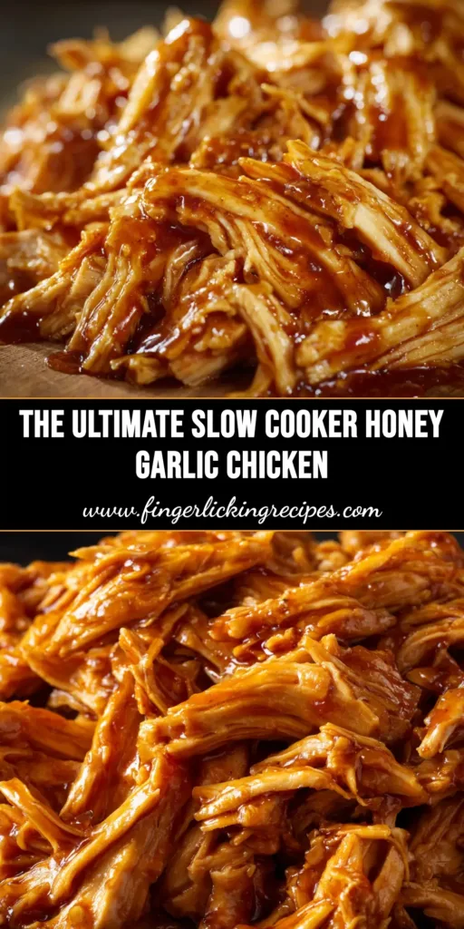 An overhead shot of Slow Cooker Honey Garlic Chicken in a white bowl, garnished with sesame seeds and green onions, showcasing the sticky, delicious sauce.