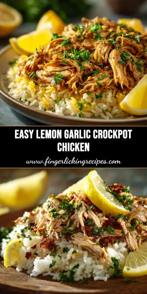 An overhead shot of tender, juicy Slow Cooker Lemon Garlic Chicken in a white bowl, garnished with fresh parsley. The perfect easy and healthy crockpot dinner recipe.