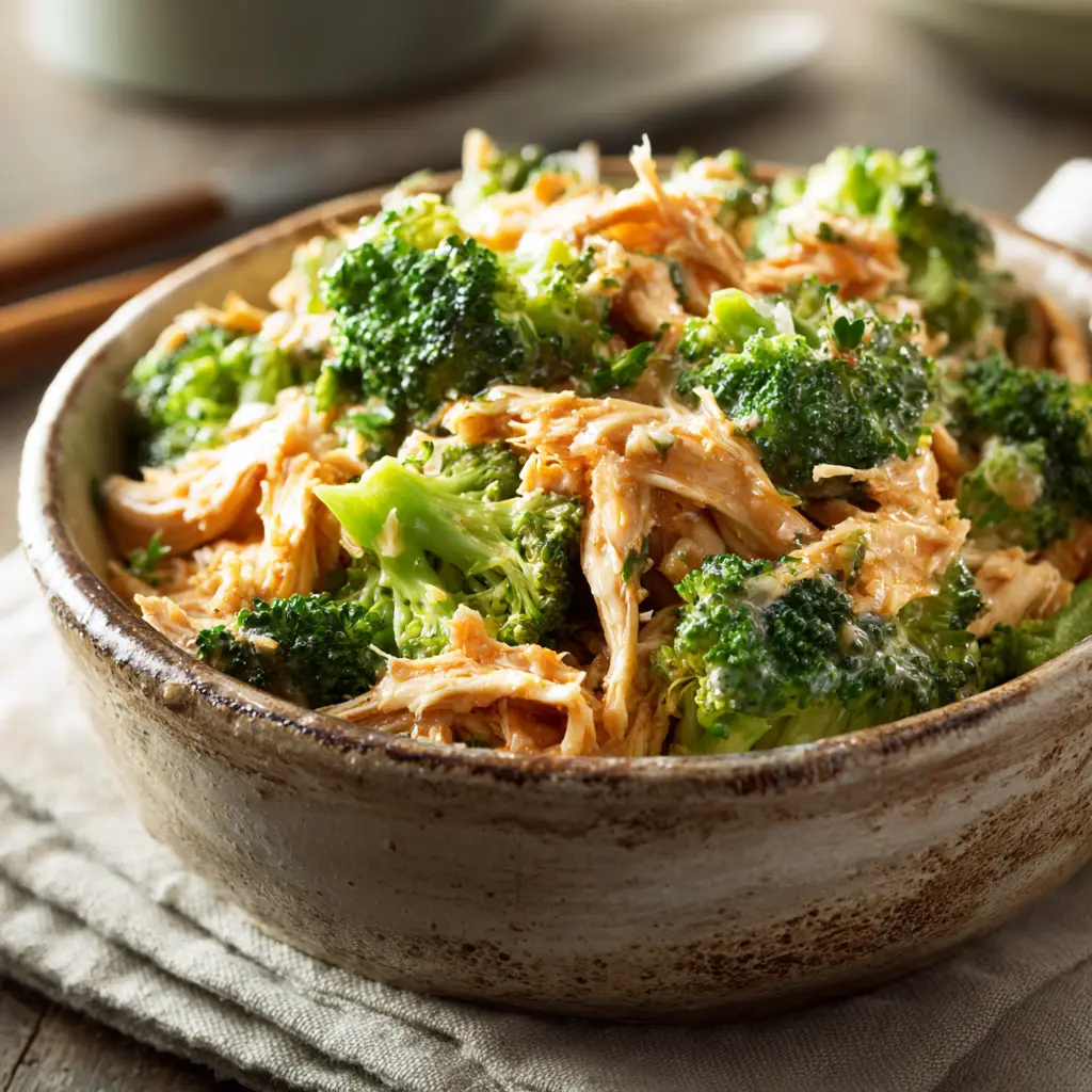 A beautifully plated serving of the finished slow cooker lemon herb chicken, showing the tender shredded chicken and vibrant vegetables.